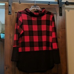 Red plaid cowl neck sweater